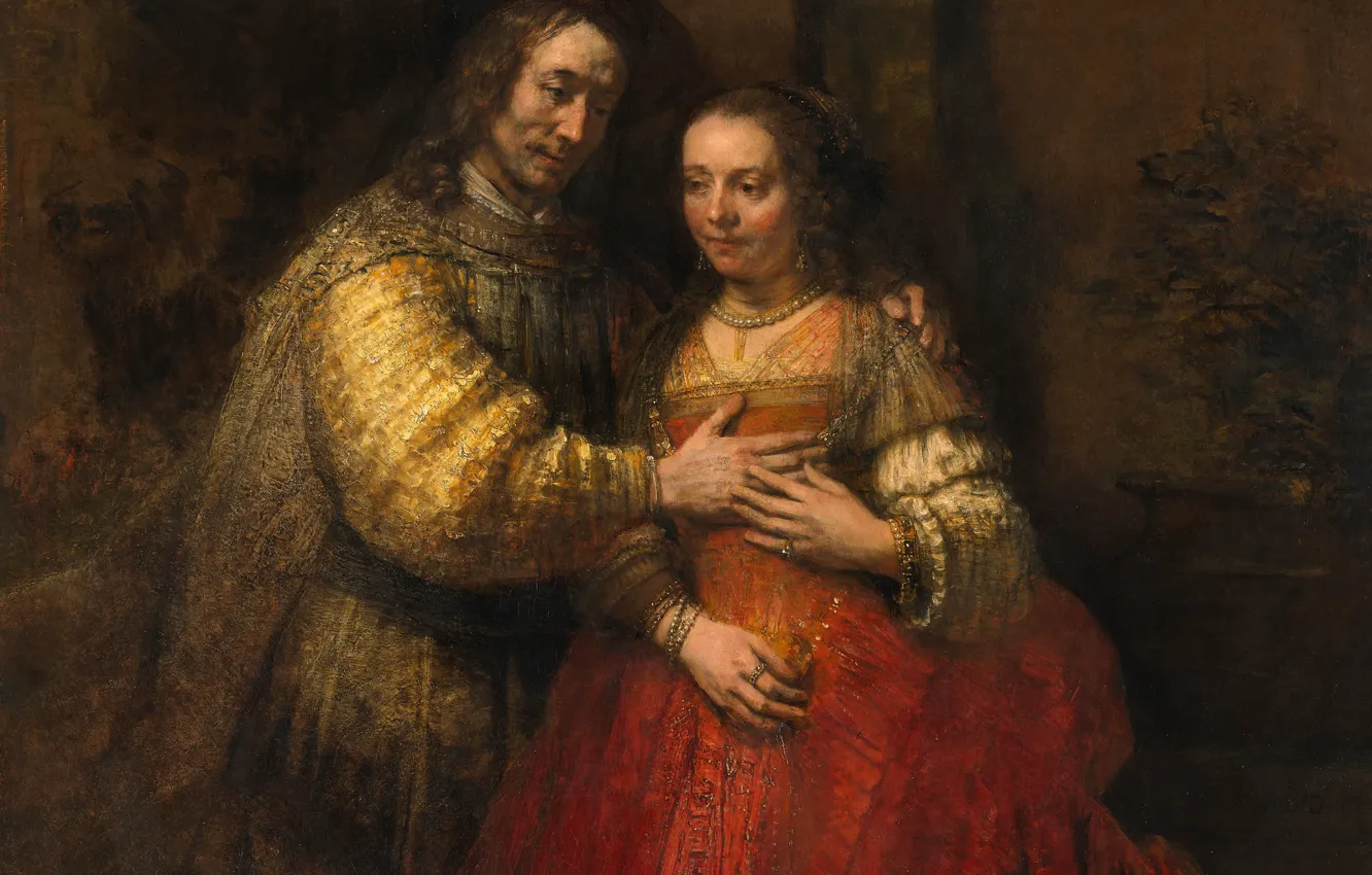 Фото обои портрет, картина, жанровая, Рембрандт ван Рейн, Еврейская Невеста
