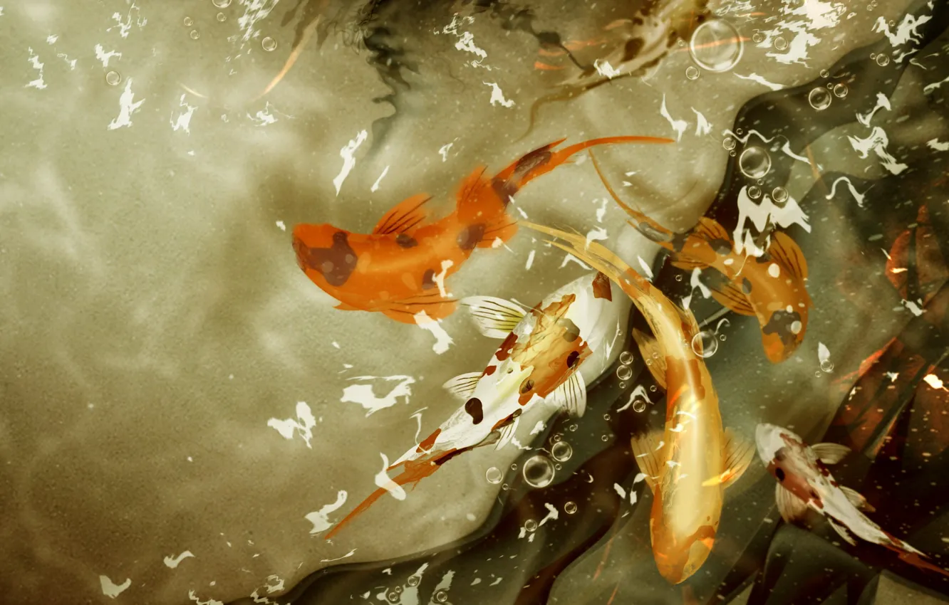 Фото обои вода, 155, золотые рыбки
