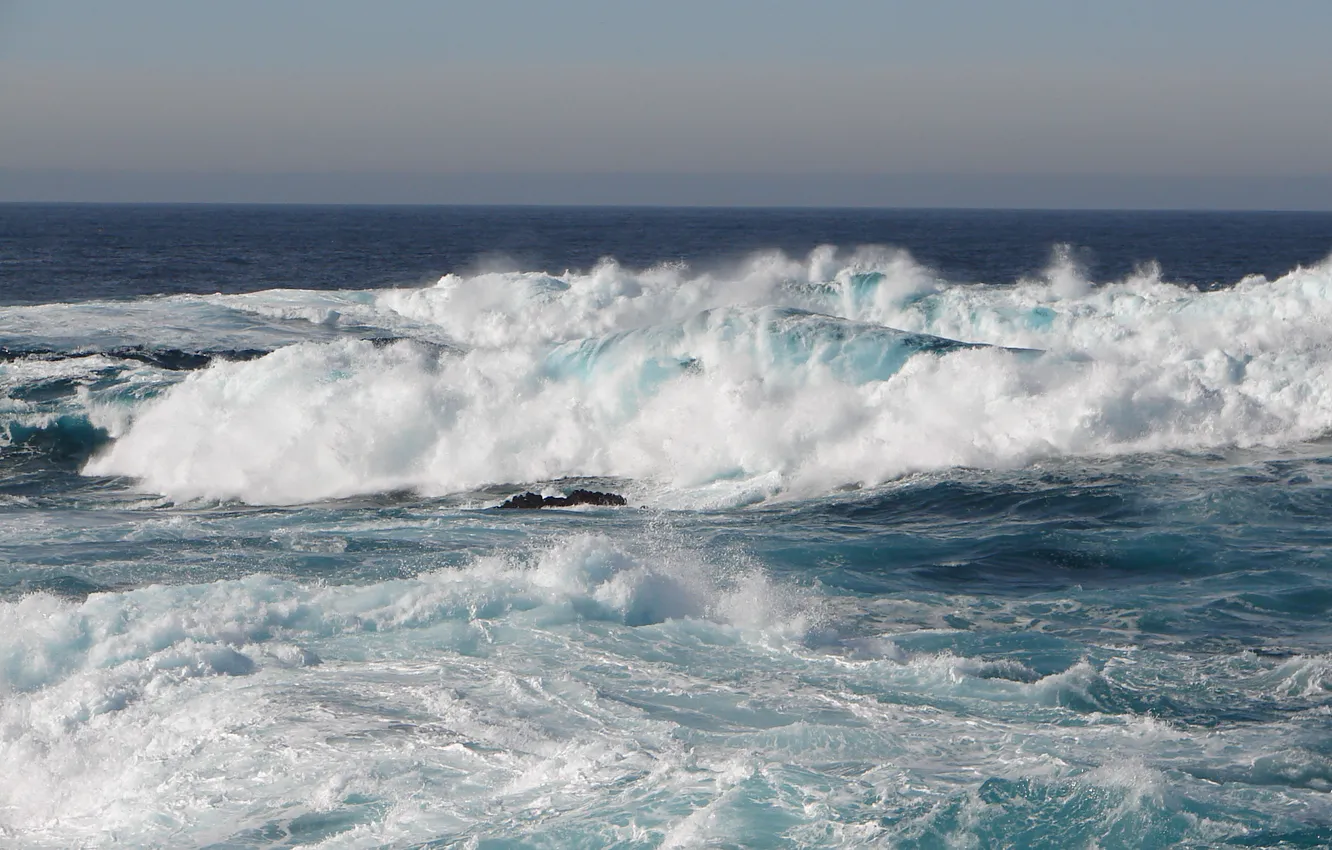Фото обои море, волны, пена, вода, океан, горизонт, прибой