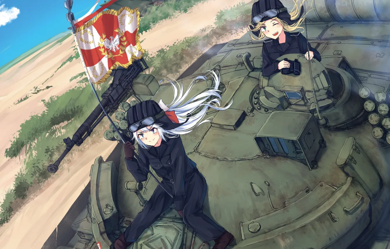 Фото обои gun, weapon, war, anime, flag, tank, japanese, machine gun