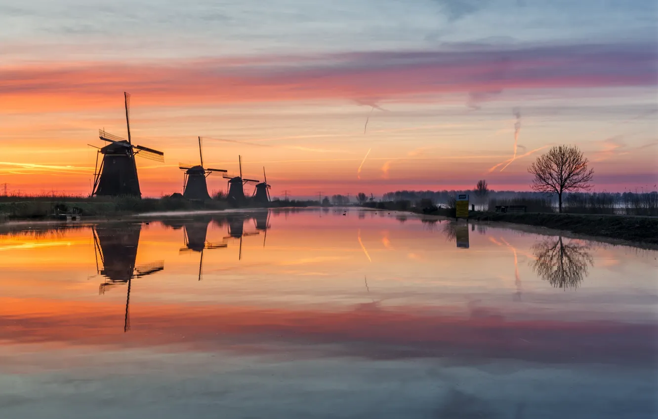 Фото обои вода, туман, вечер, утро, канал, дымка, Нидерланды, ветряные мельницы