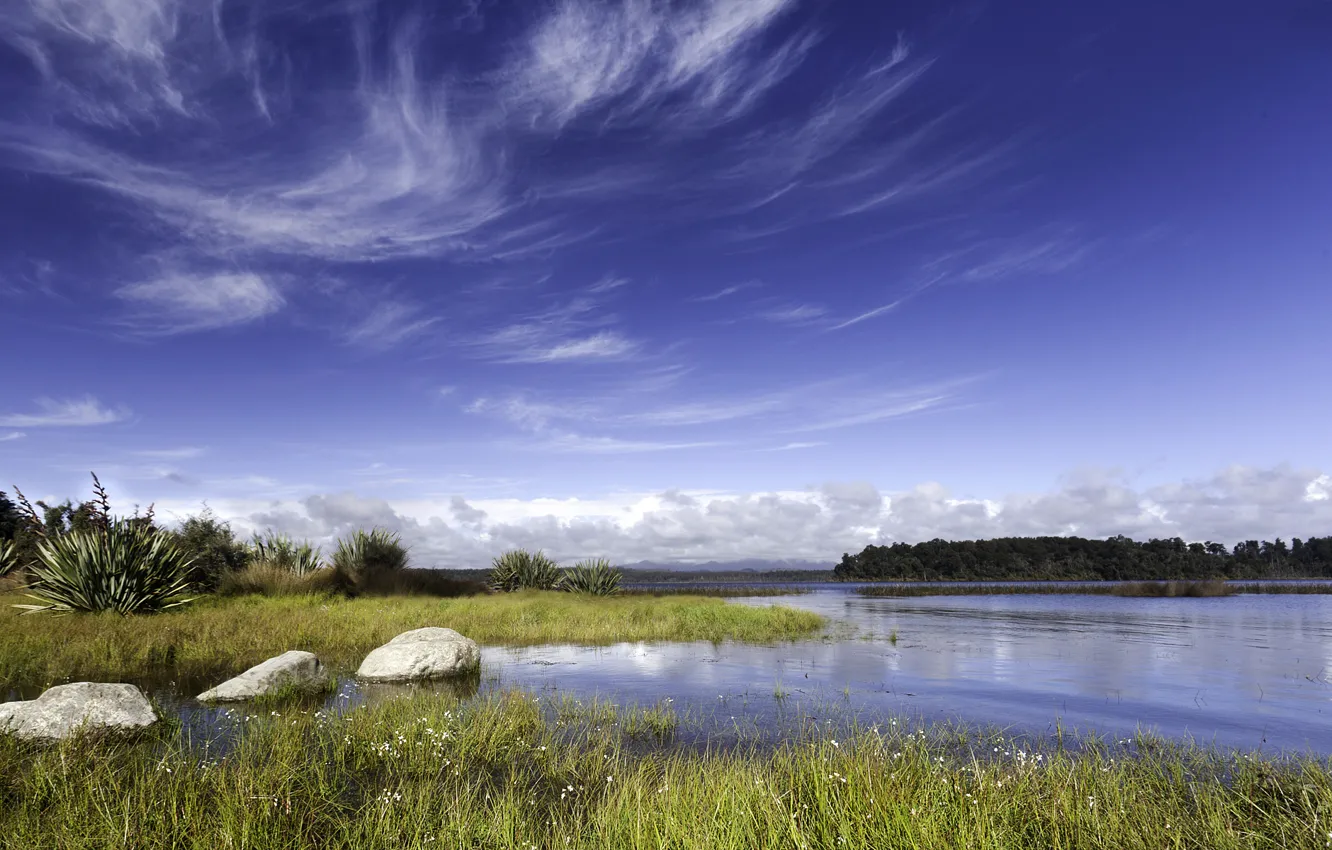 Фото обои небо, трава, облака, озеро, камни, Новая Зеландия, кусты, Lake Mahinapua