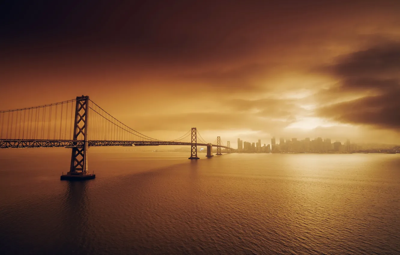 Фото обои закат, мост, город, Golden Gate Bridge, San Francisco