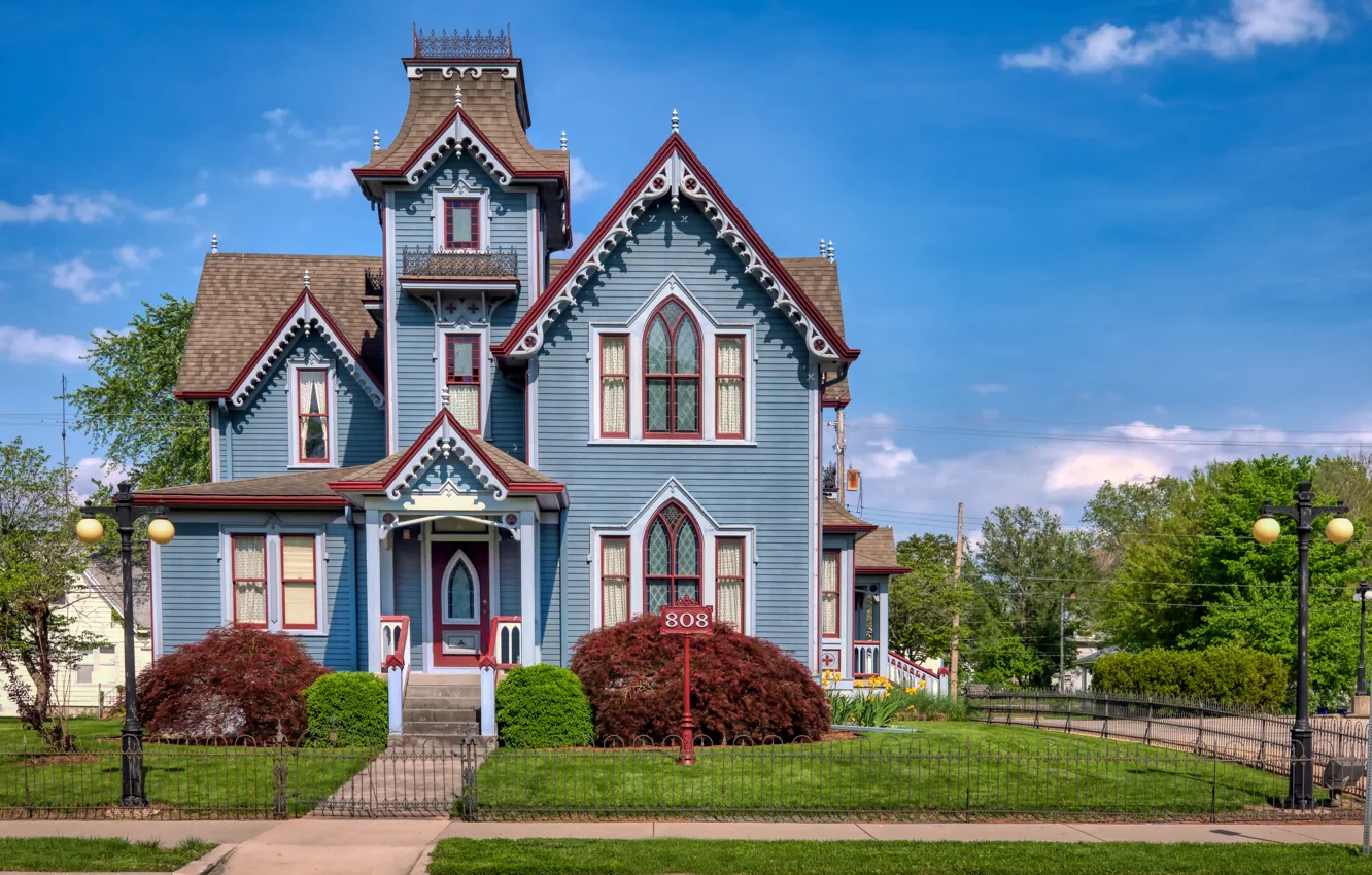 Фото обои деревья, дом, улица, фонари, архитектура, Иллинойс, Illinois, кусты