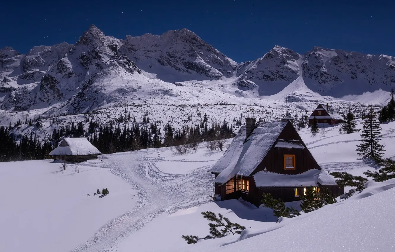 Фото обои зима, снег, горы, дом, Tatra National Park, Slovakia, Словакия, Татры