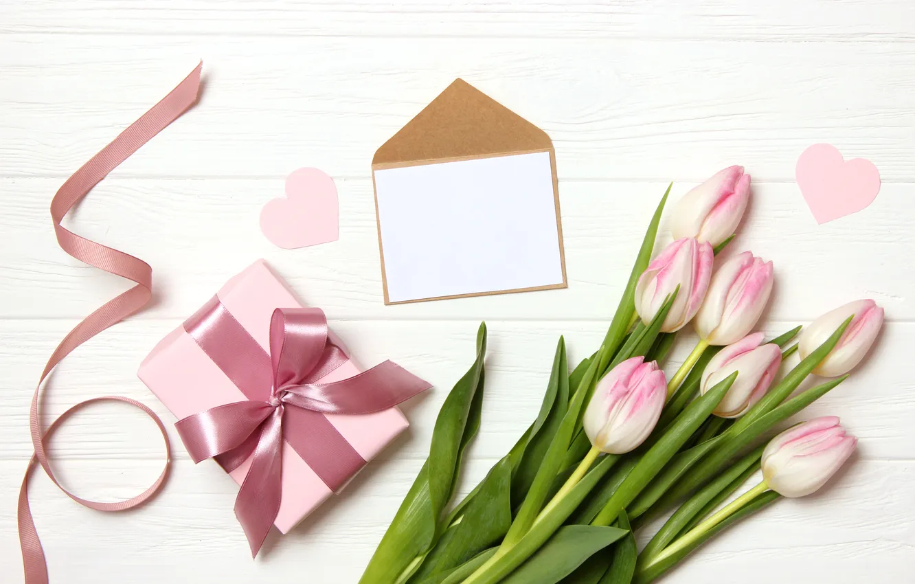 Фото обои цветы, подарок, букет, тюльпаны, розовые, wood, pink, flowers