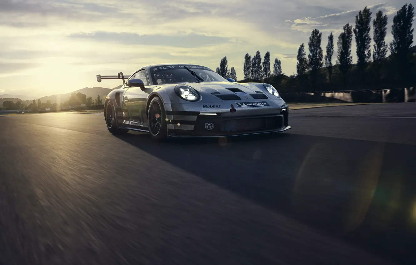 Фото обои рассвет, 911, Porsche, трек, GT3, Boss, Cup, блики от солнца