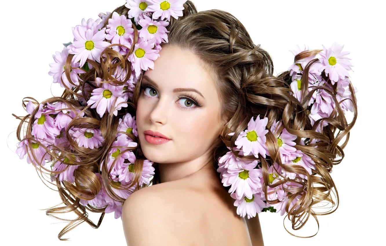 Фото обои взгляд, девушка, цветы, лицо, волосы, макияж, прическа, белый фон