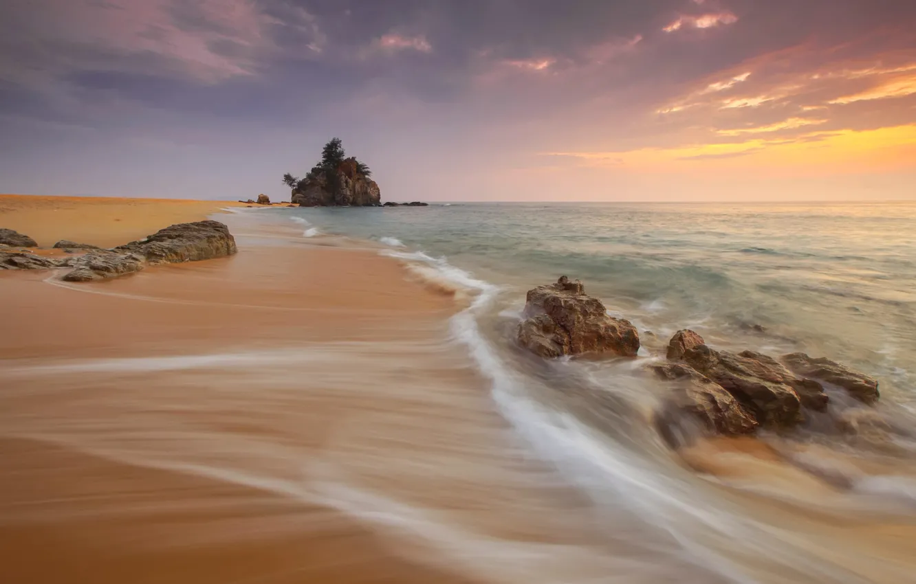 Фото обои waves, beach, sea, sunset, rocks, tide, long exposure
