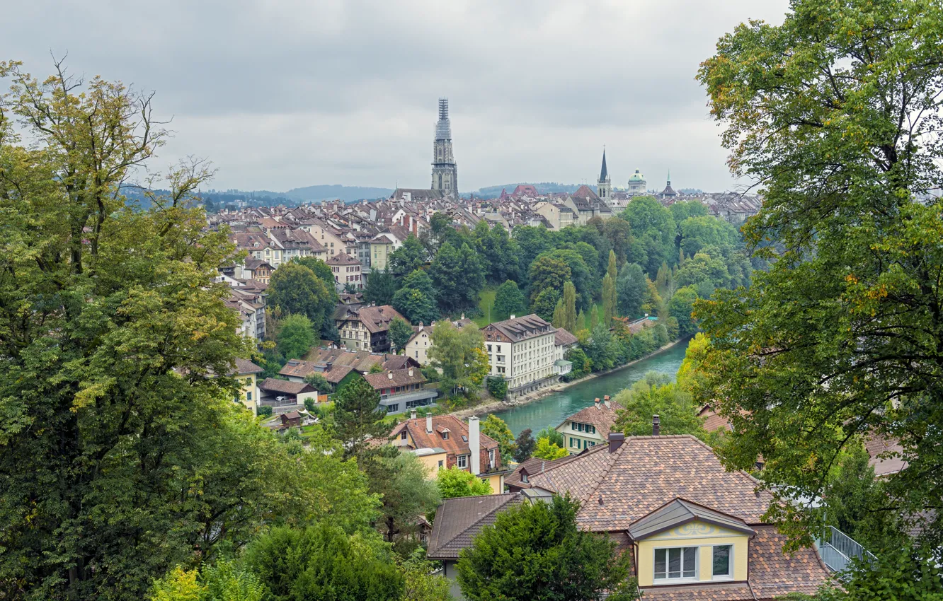 Фото обои деревья, река, здания, Швейцария, панорама, Switzerland, Берн, Bern