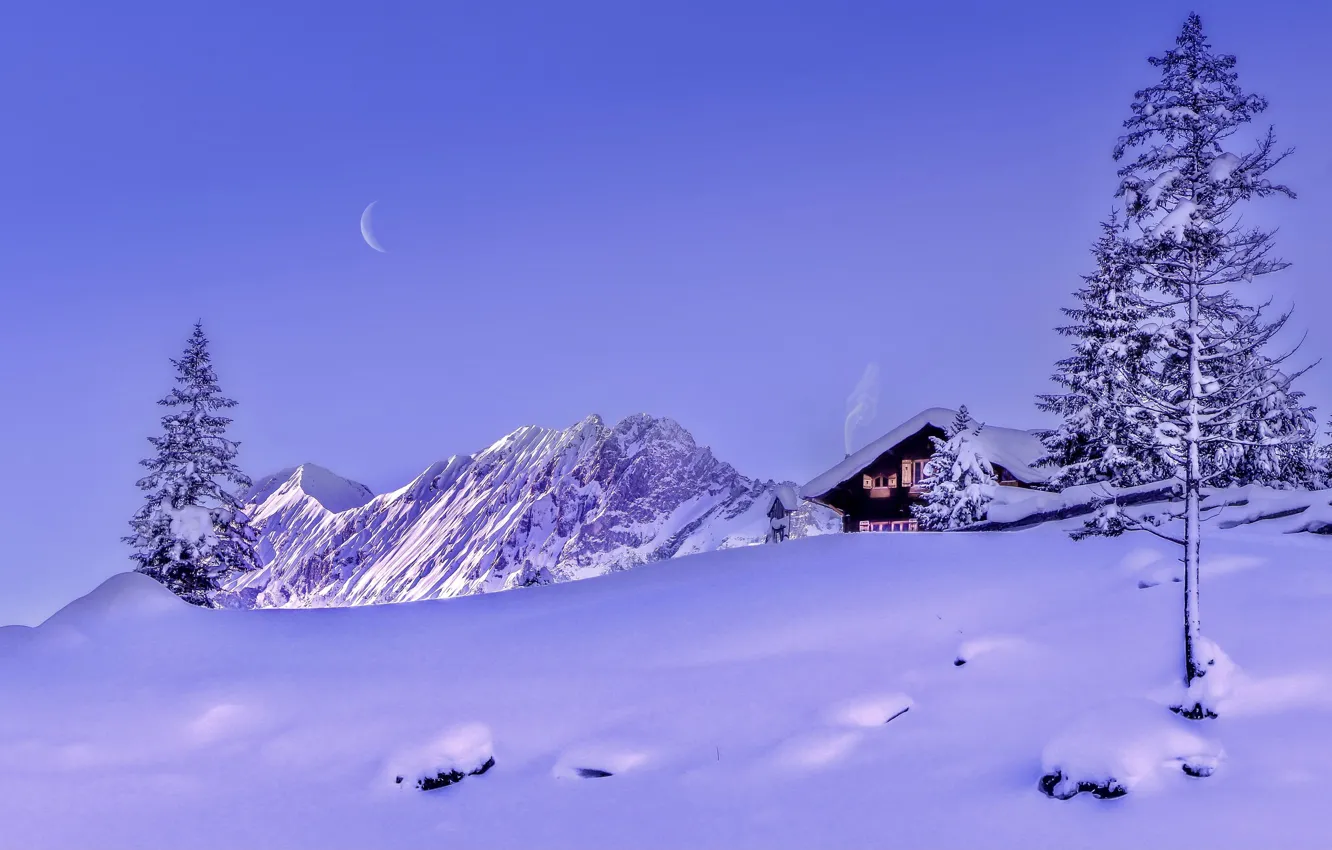 Фото обои зима, снег, деревья, горы, дом, Швейцария, сугробы, Switzerland