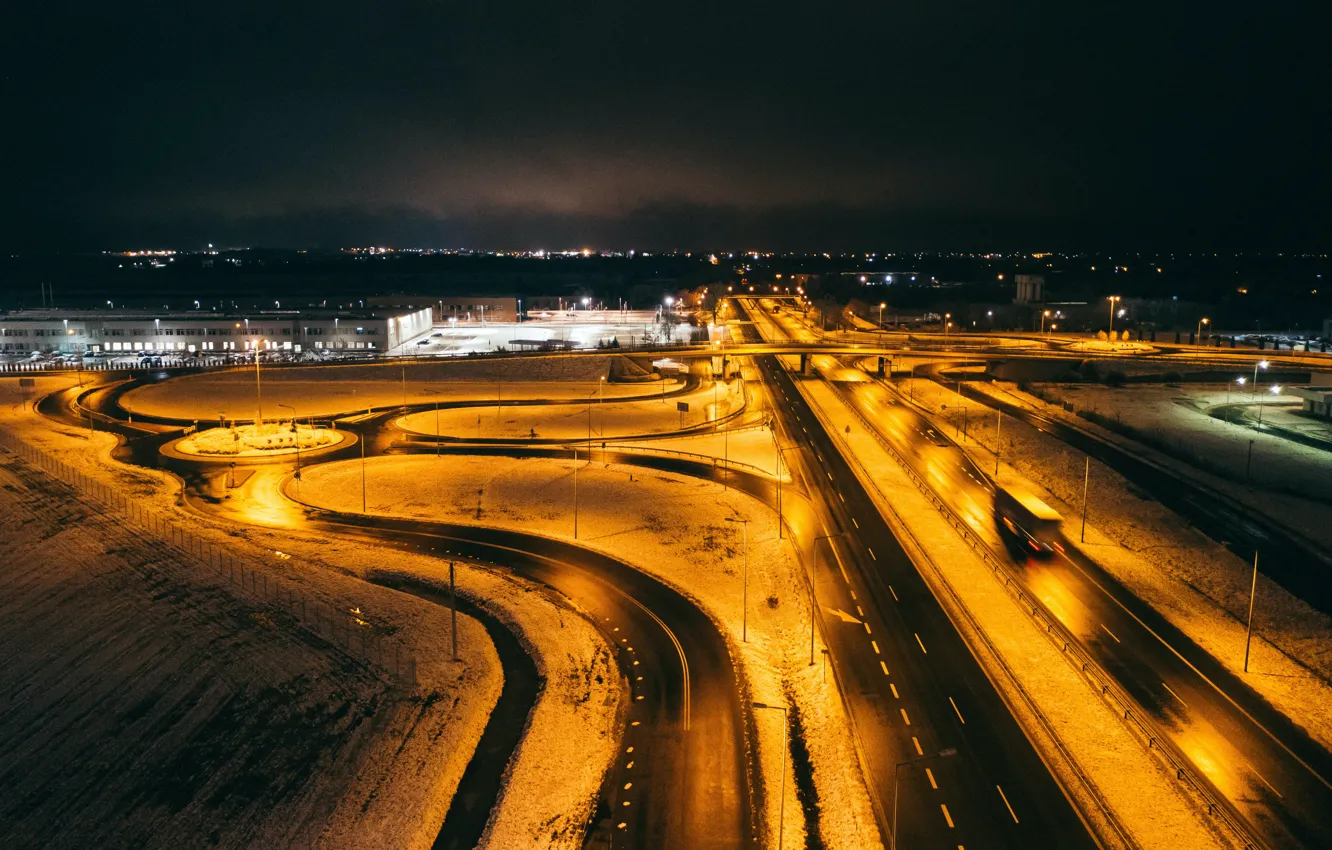 Фото обои City, Winter, Lights, Snow, Highway, Lamps, City Lights, Marcin Jozwiak