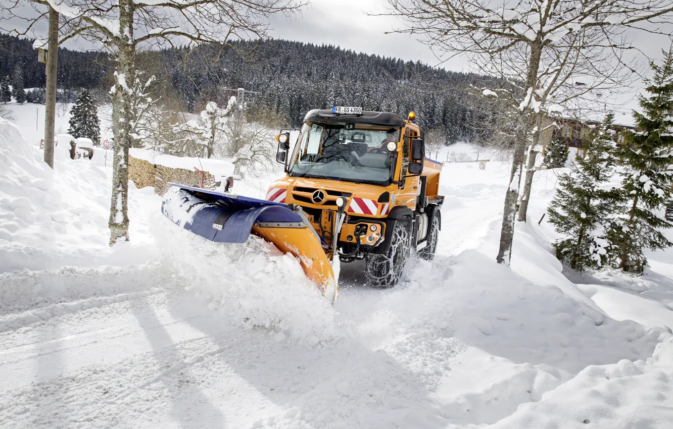 Фото обои дорога, снег, Mercedes-Benz, спецтехника, Unimog, U430