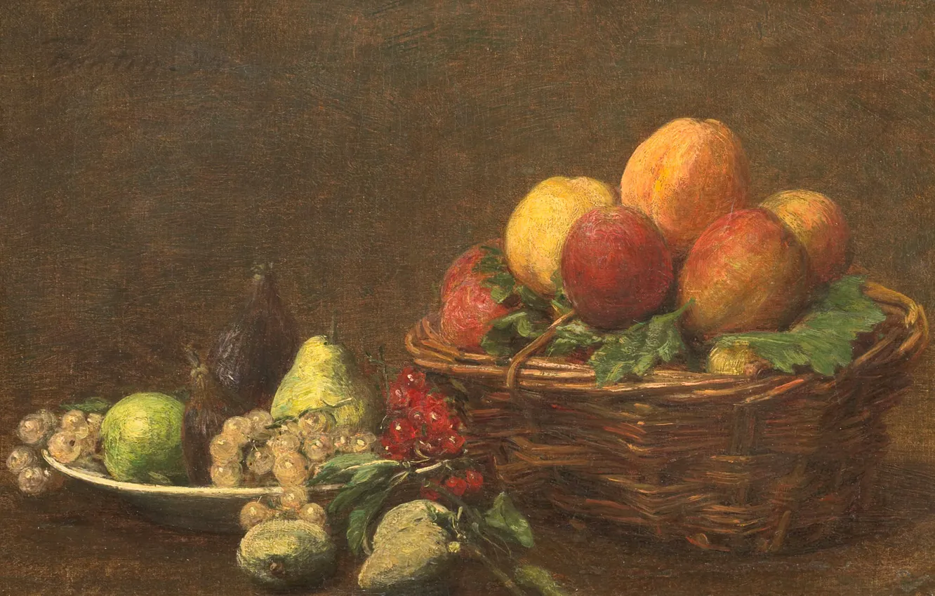 Фото обои картина, виноград, груша, фрукты, корзинка, Анри Фантен-Латур, Натюрморт с Фруктами