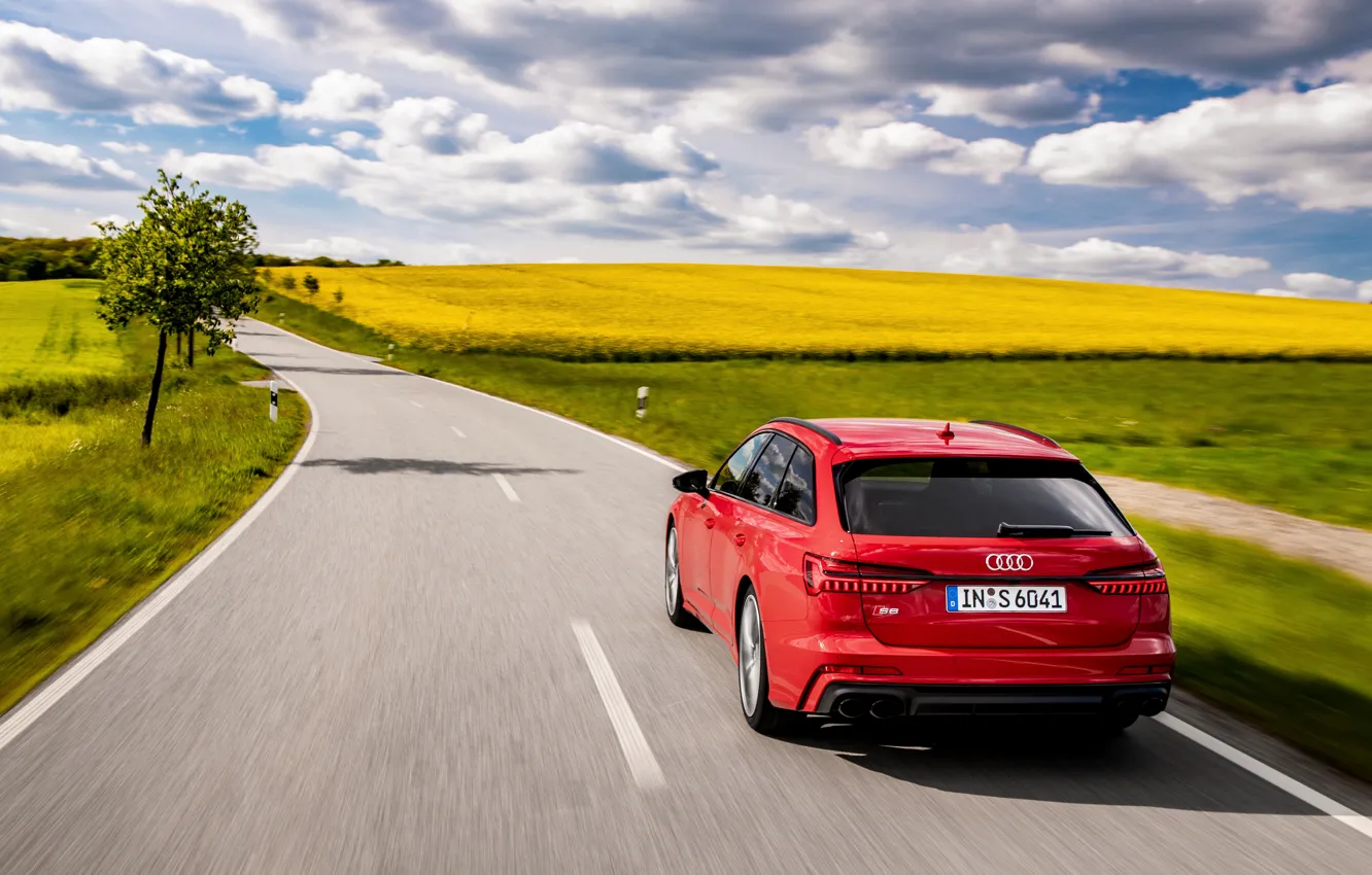 Фото обои дорога, красный, Audi, поля, универсал, 2019, A6 Avant, S6 Avant