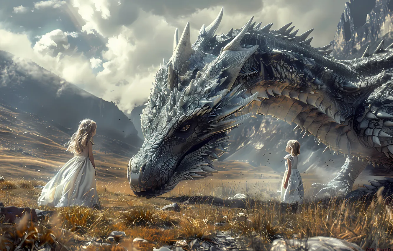 Фото обои поле, небо, трава, морда, облака, горы, дети, туман