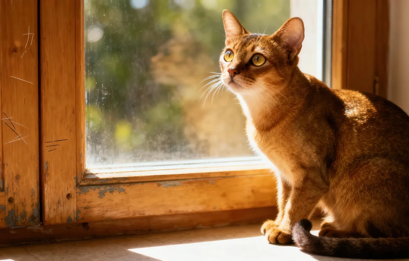 Фото обои кошка, кот, стекло, свет, поза, отражение, рама, окно