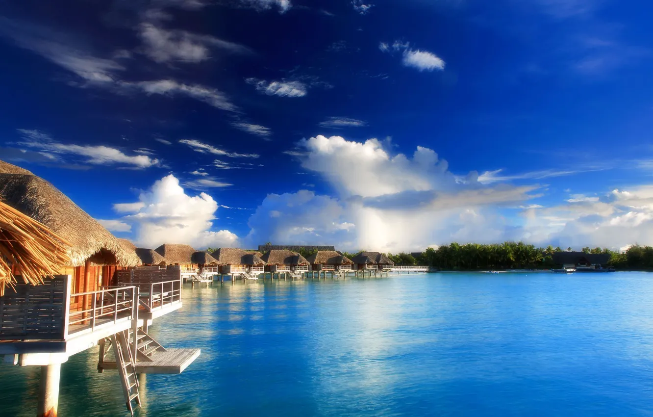 Фото обои океан, отель, лагуна, polynesia, bora-bora, water villas