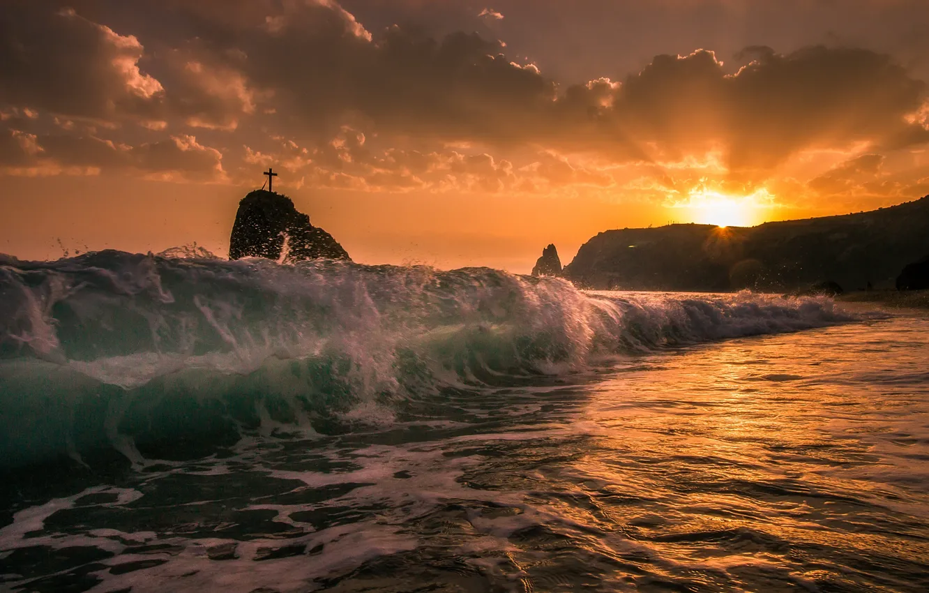 Фото обои sea, sunset, wave
