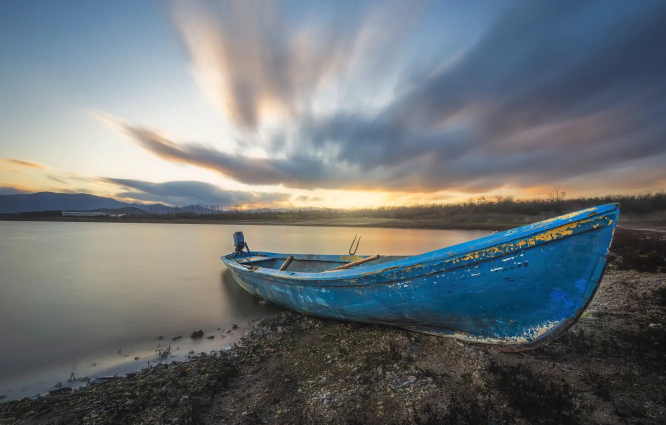 Фото обои берег, лодка, водоем