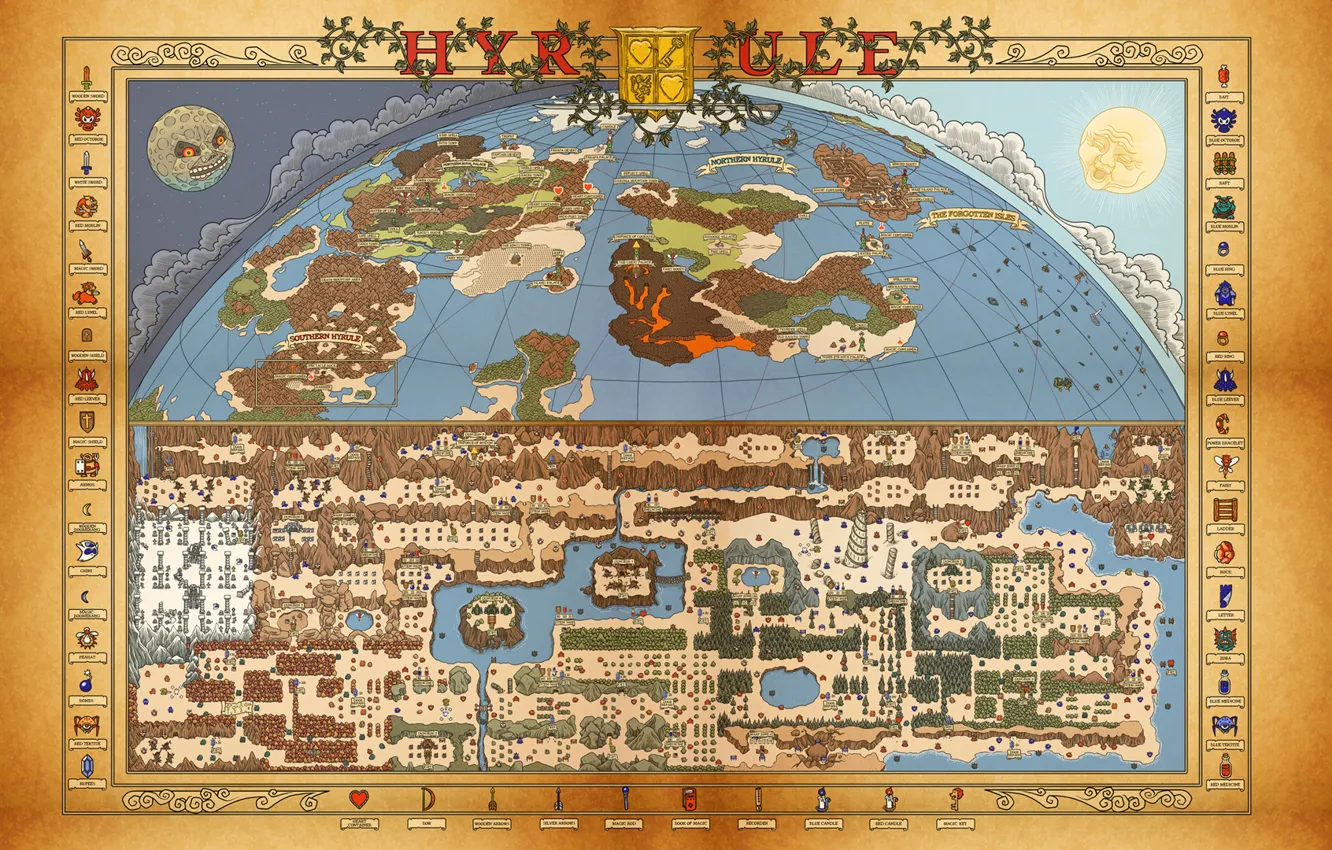 Фото обои Nintendo, map, Retro, Zelda, itemps, Nes