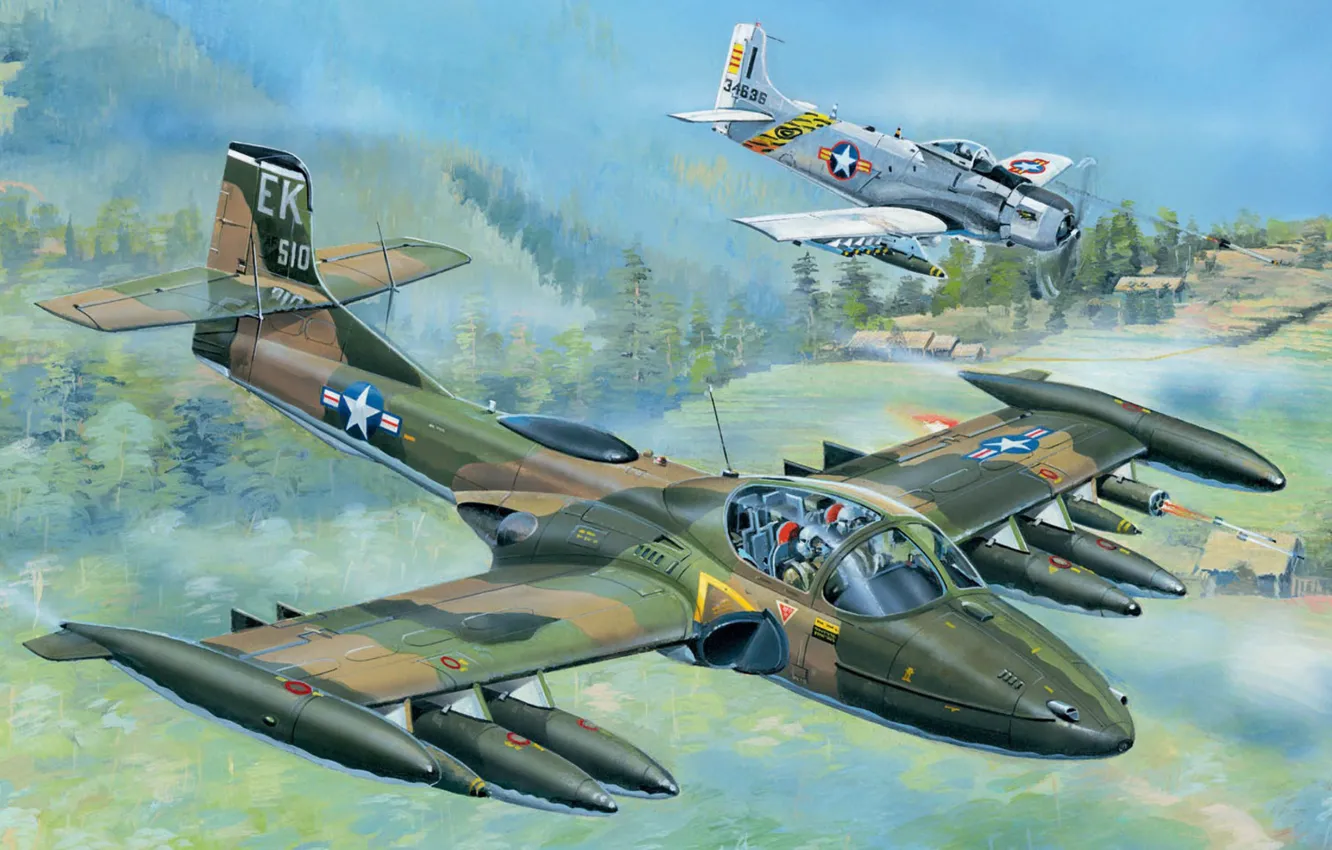 Фото обои art, A-1 Skyraider, Vietnam war, A-37 Dragonfly