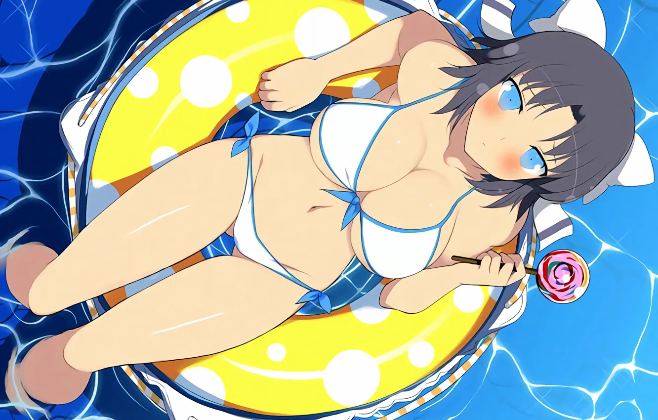 Фото обои girl, sexy, cleavage, boobs, anime, water, blue eyes, beautiful