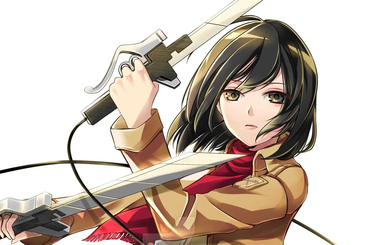 Фото обои взгляд, белый фон, клинки, art, военная форма, Shingeki no Kyojin, Mikasa Ackerman, красный шарф