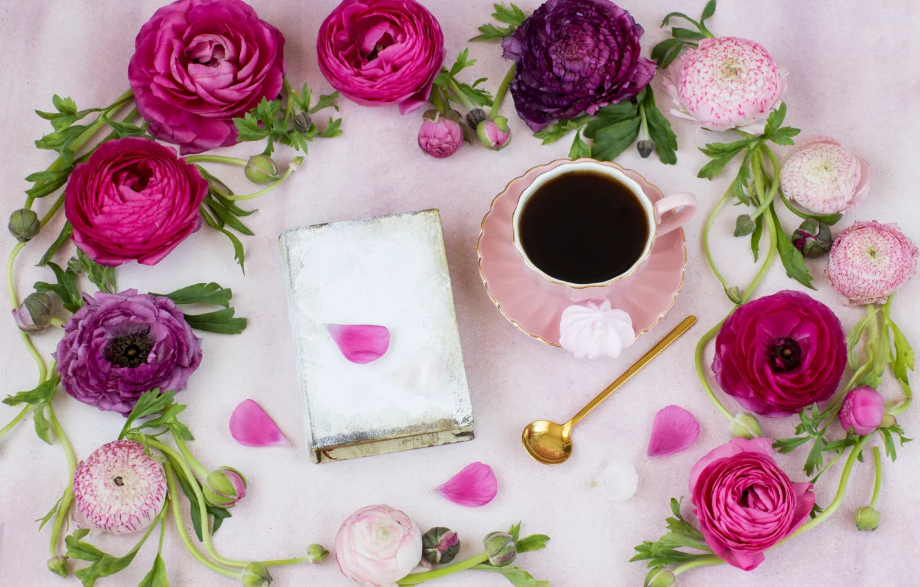 Фото обои цветы, чай, книга, азиатский лютик, Julija Vilvarin