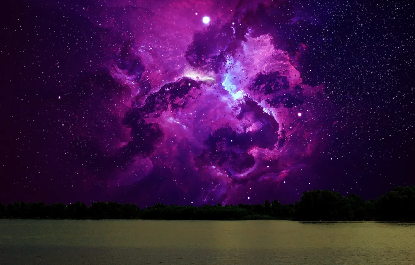 Фото обои лес, вода, космос, звезды, ночь, туманность, река, одиночество