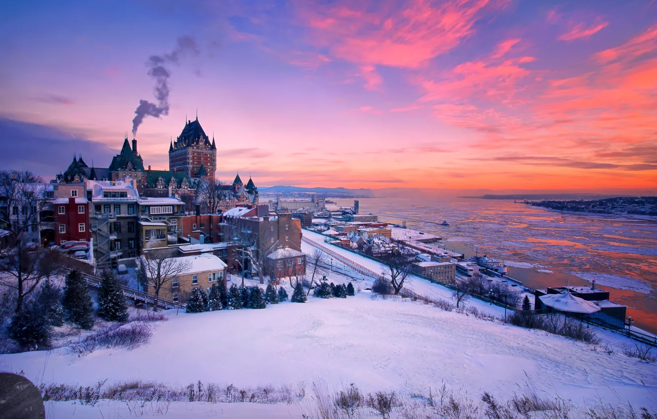 Фото обои зима, снег, закат, река, здания, дома, Канада, Canada