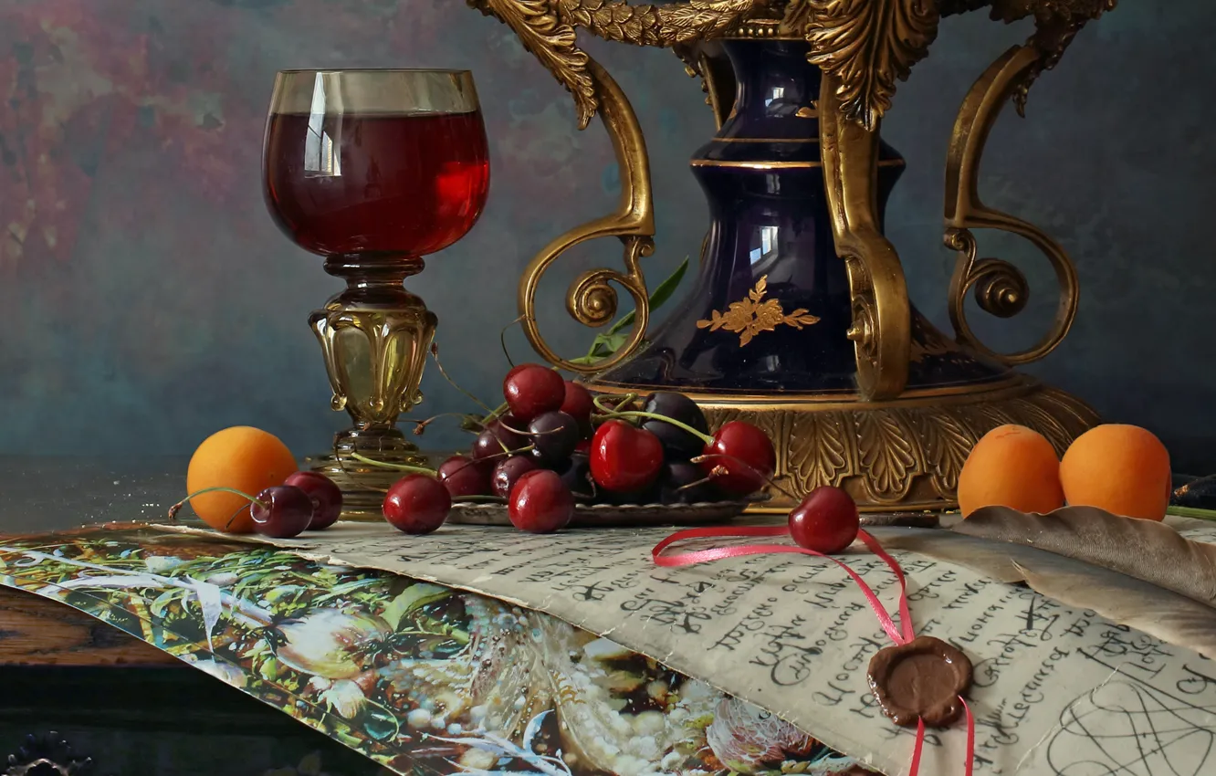 Фото обои письмо, вишня, вино, бокал, натюрморт, абрикосы, Андрей Морозов