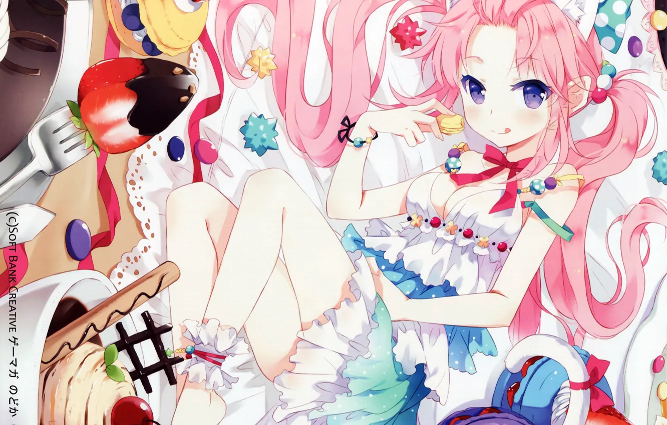 Фото обои девочка, сладости, вилка, десерт, колени, сладкоежка, розовые волосы, два хвостика