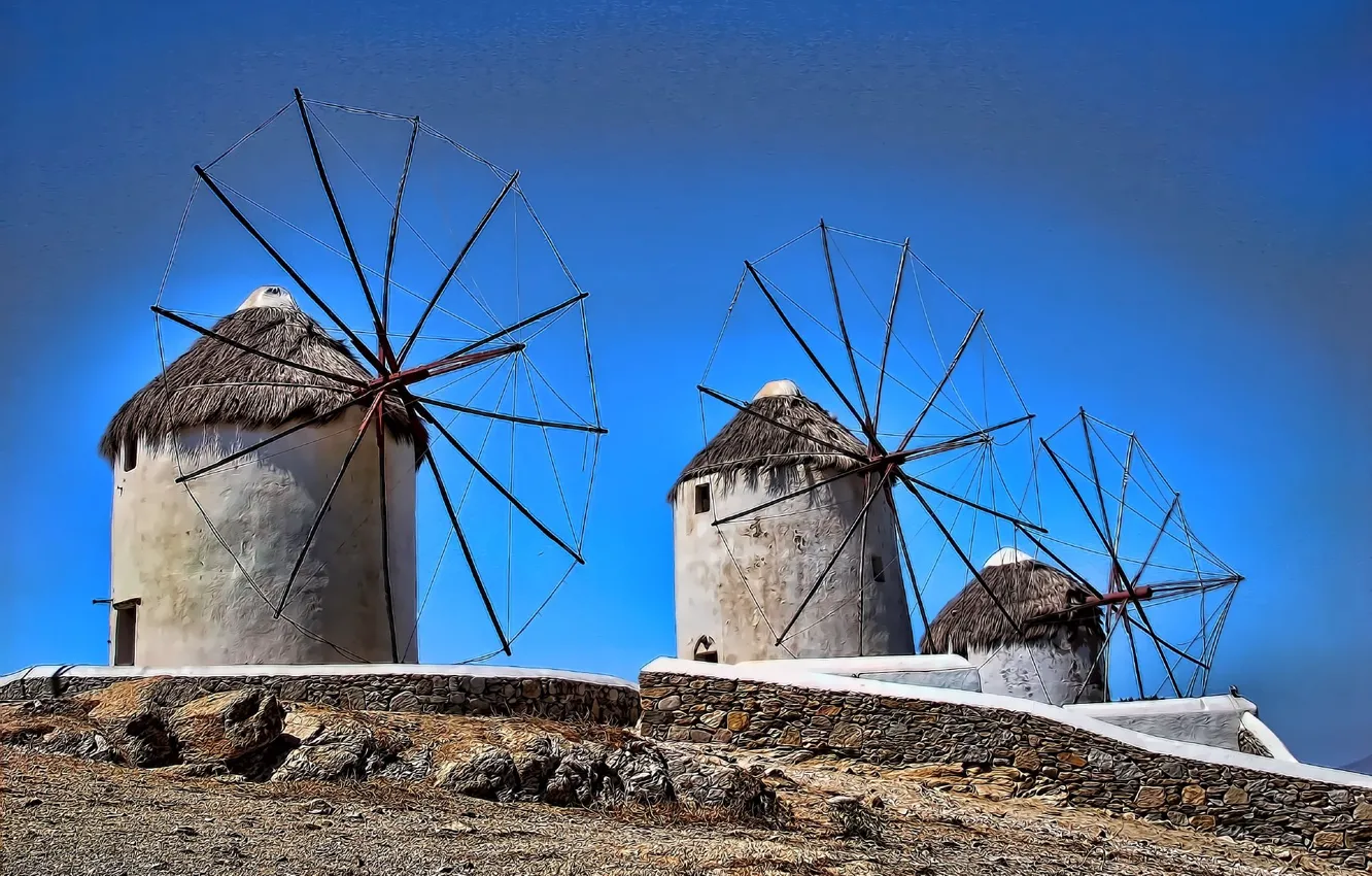 Фото обои небо, рендеринг, Греция, ветряная мельница, Миконос