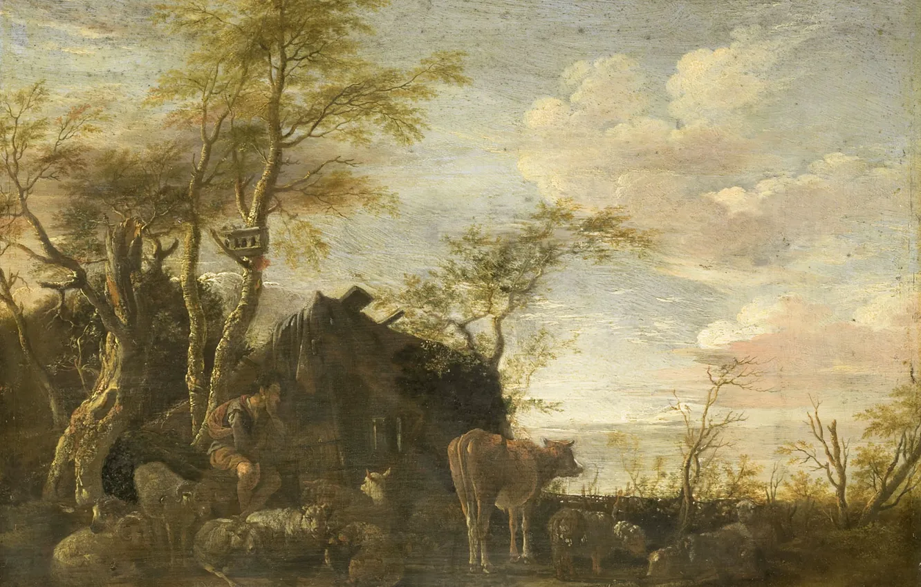 Фото обои масло, картина, Паулюс Поттер, 1645, Paulus Pieterszoon Potter, Пастушья хижина