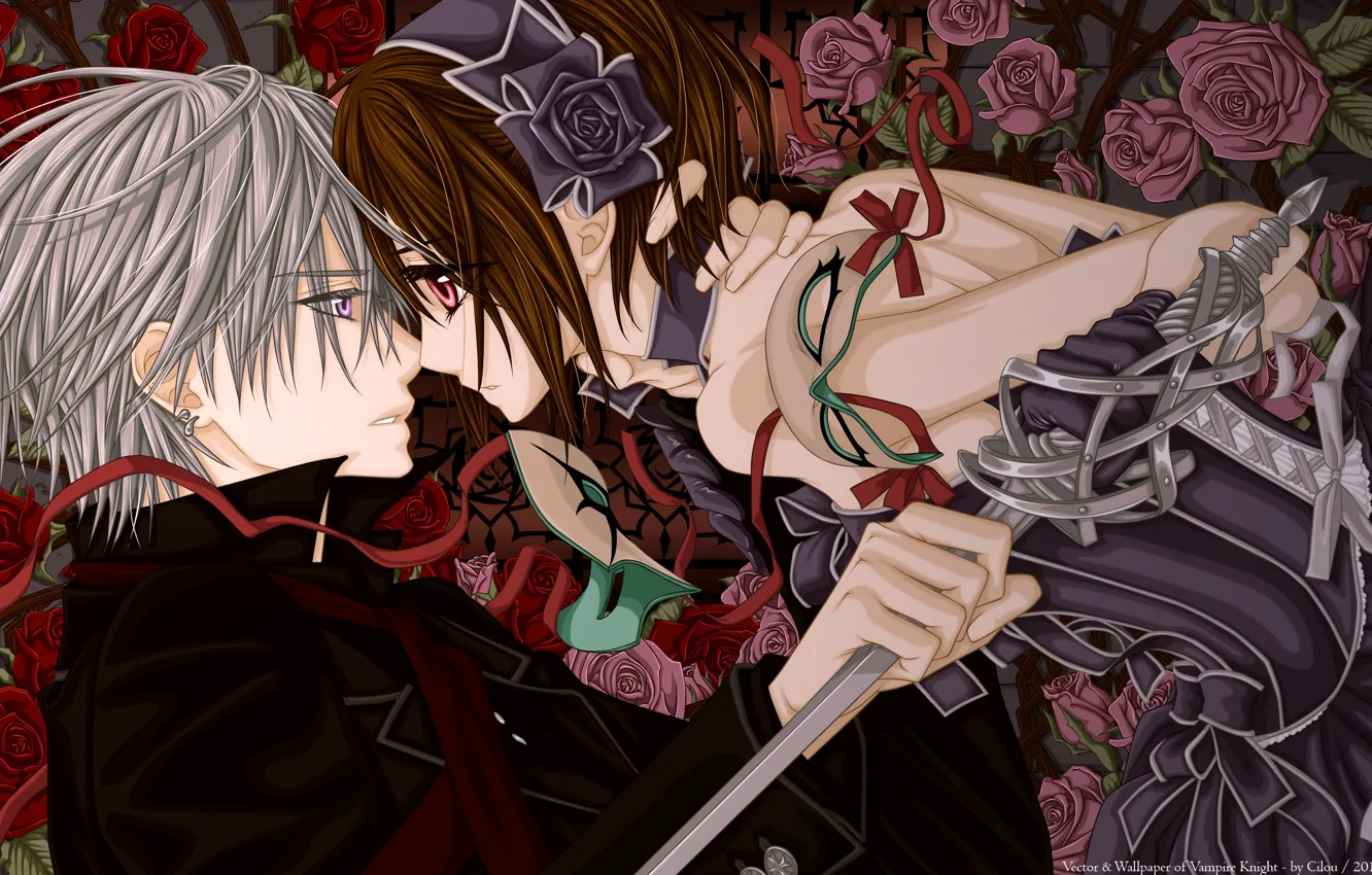 Фото обои розы, меч, маска, Vampire Knight, зеро