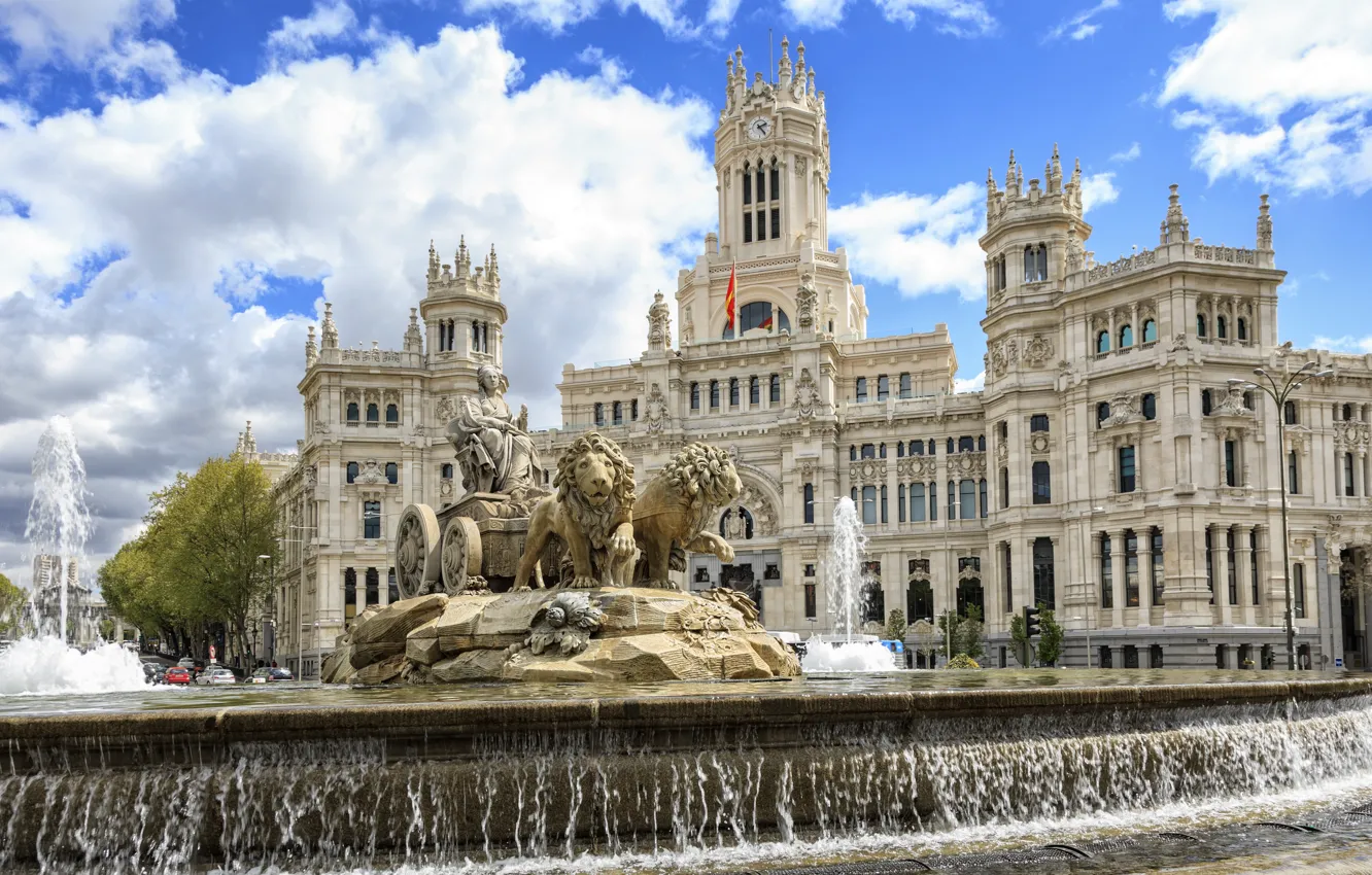 Фото обои city, Spain, architecture, palace, Madrid, fountain, Plaza de Cibeles, Fuente de Cibeles
