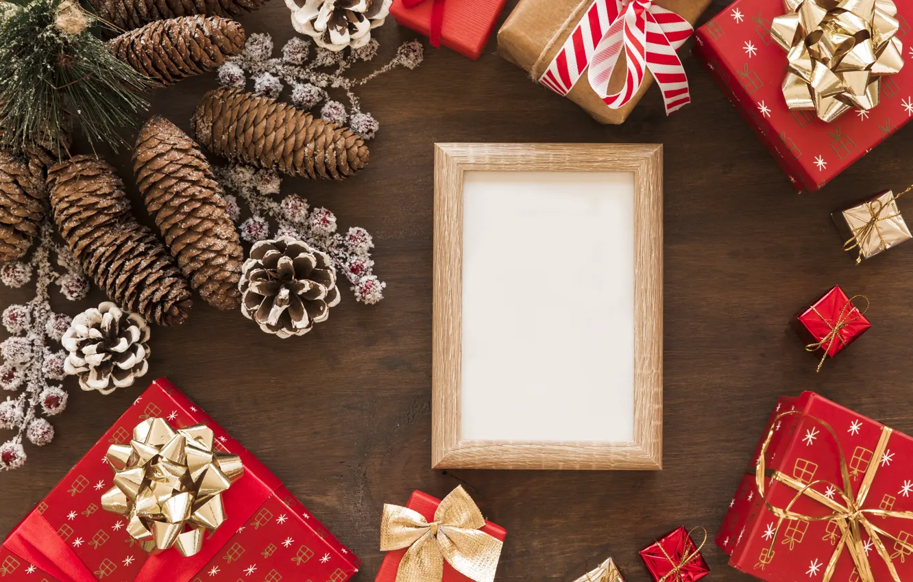 Фото обои украшения, рамка, Новый Год, Рождество, подарки, Christmas, wood, New Year