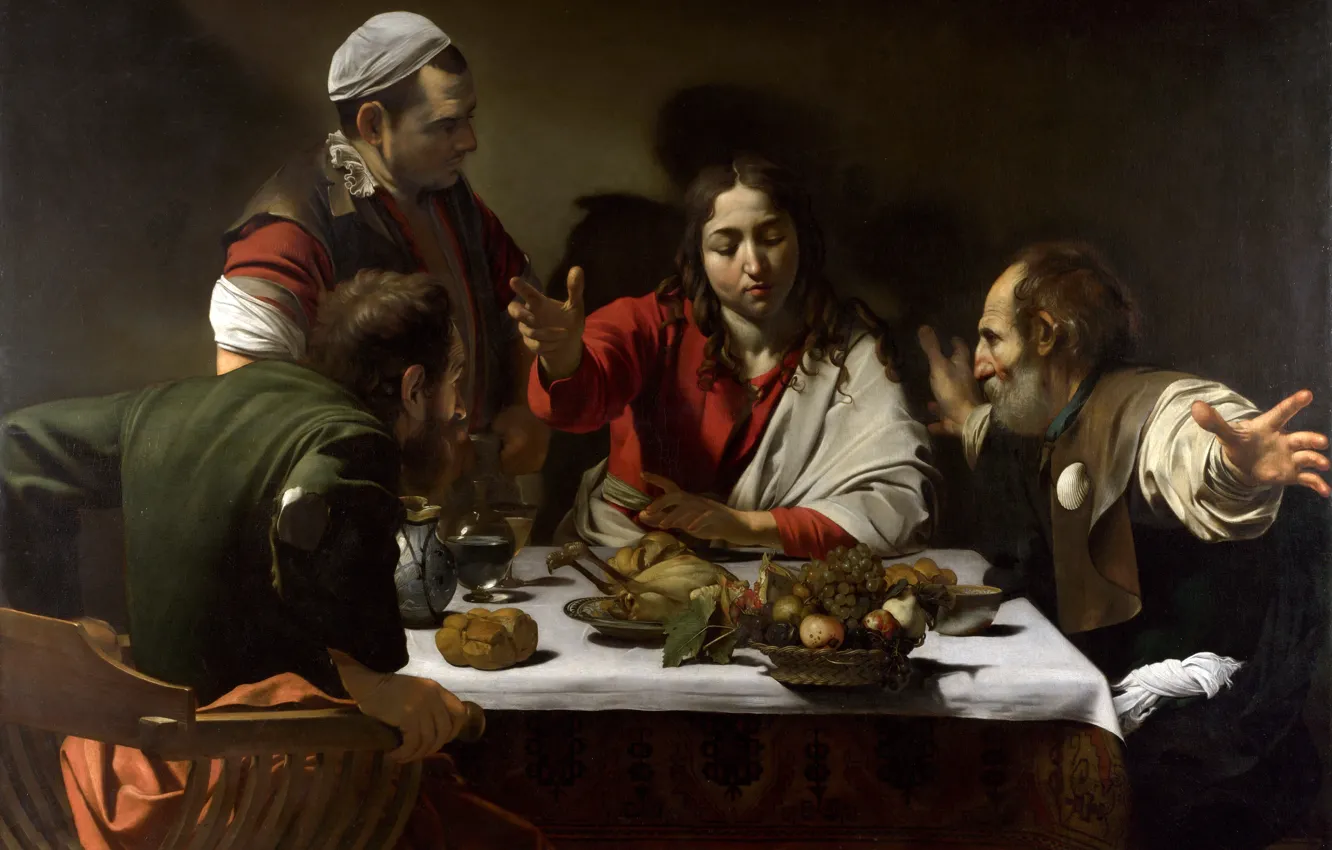 Фото обои картина, Ужин в Эммаусе, мифология, Микеланджело Меризи да Караваджо
