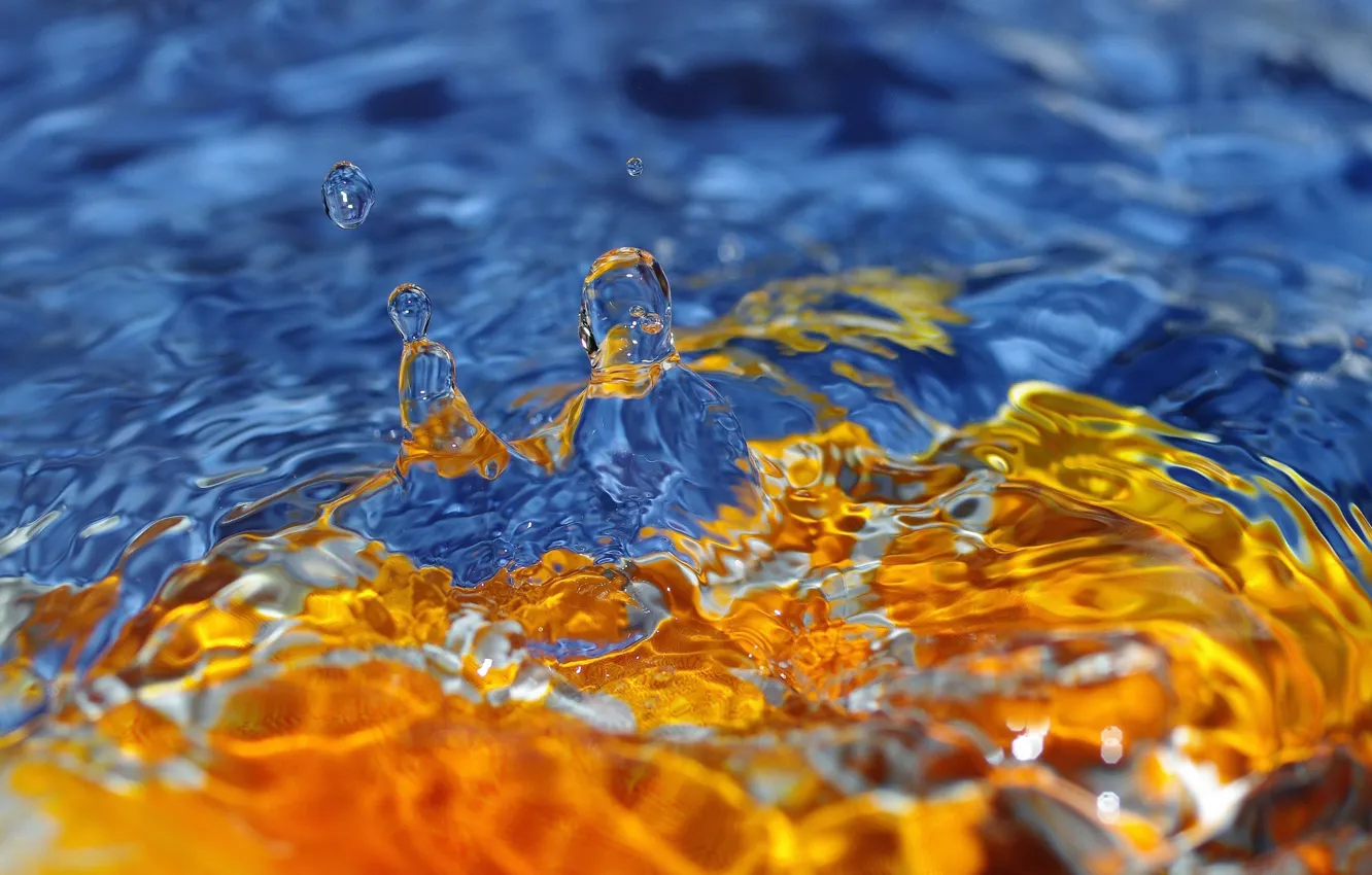 Фото обои вода, капли, синий, желтый, всплеск
