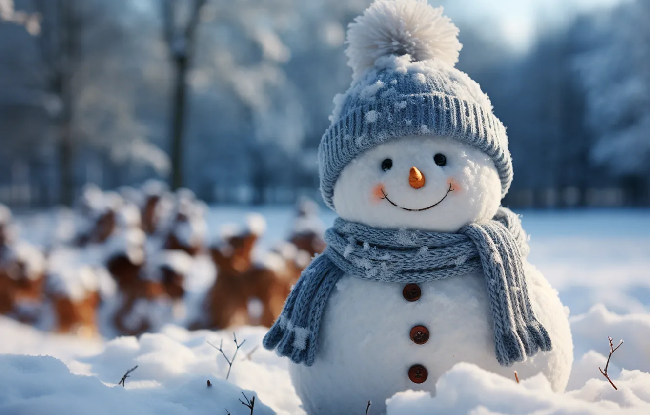 Фото обои зима, снег, Новый Год, Рождество, снеговик, happy, Christmas, winter