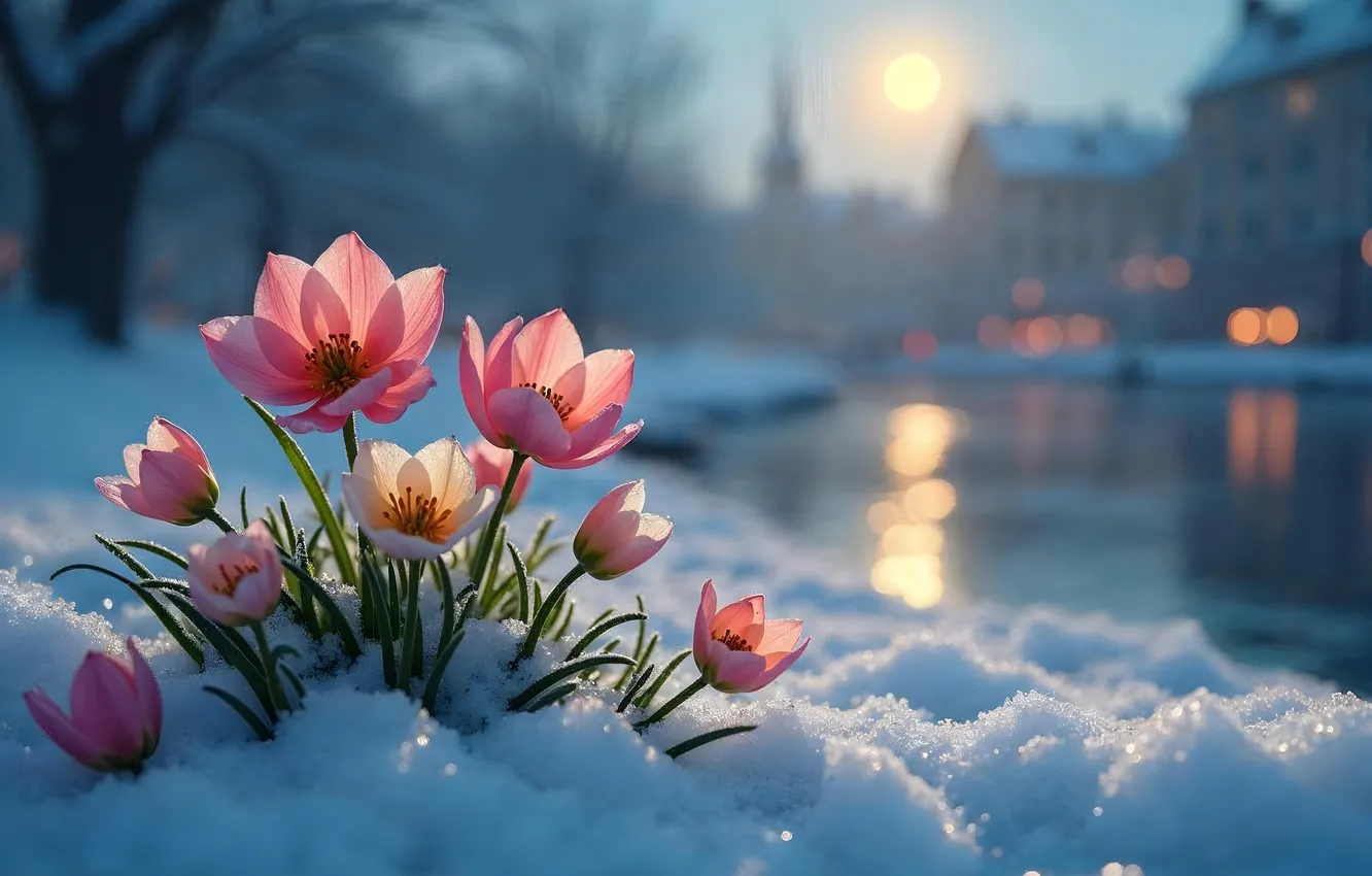 Фото обои зима, снег, цветы, весна, pink, flowers, winter, snow