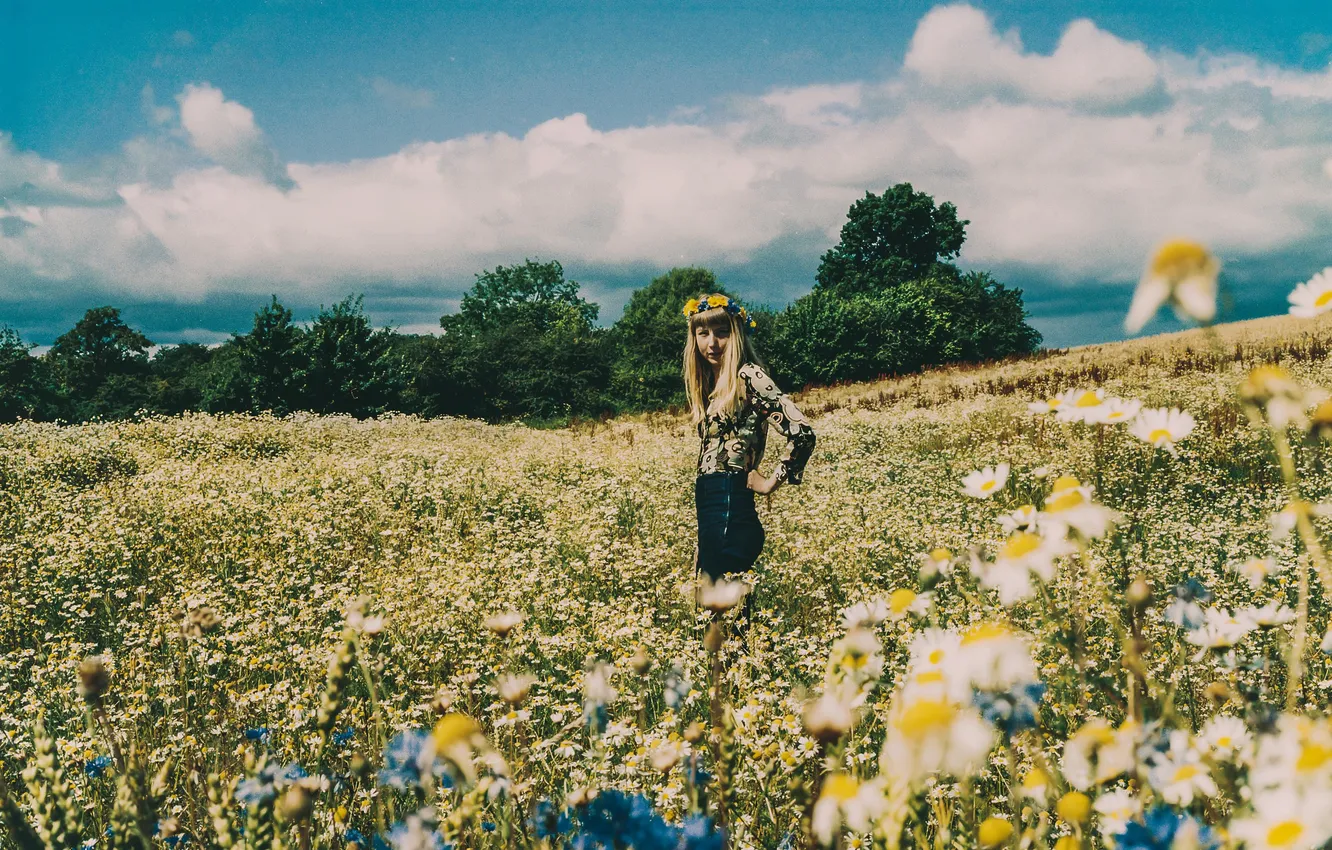 Фото обои girl, blouse, sky, field, flowers, clouds, hair, skirt