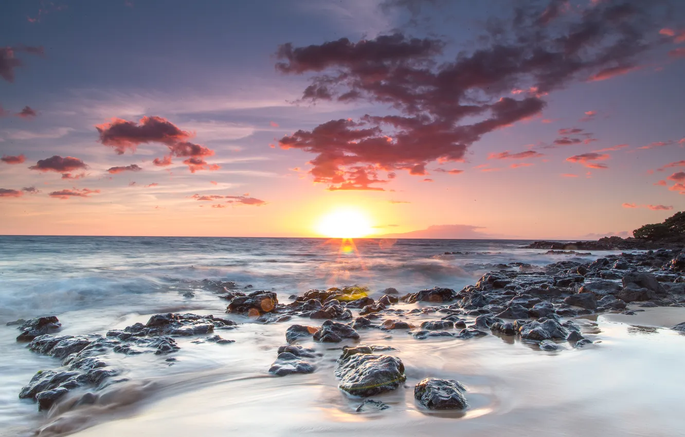 Фото обои камни, океан, рассвет, берег, Kihei, Hawai