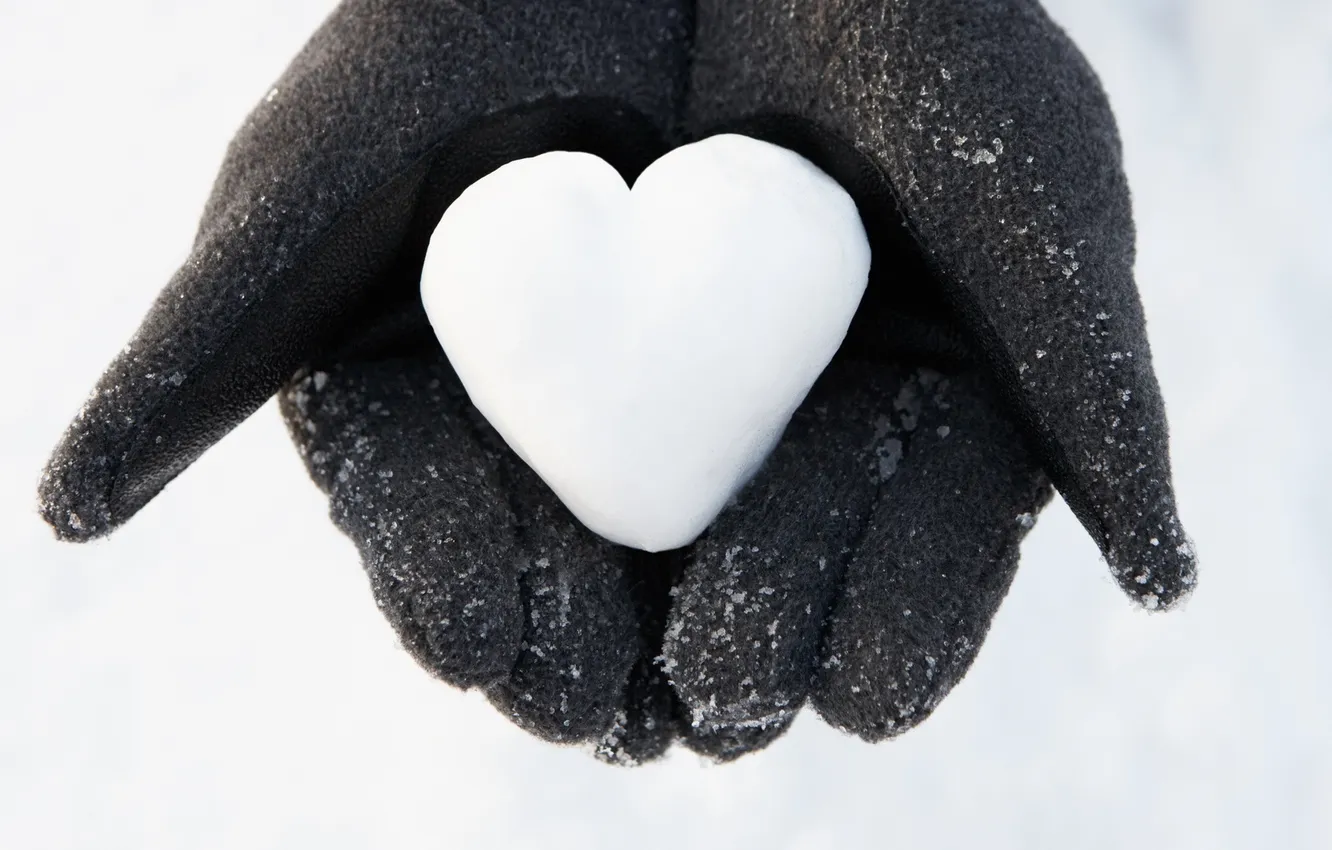 Фото обои зима, снег, сердце, руки, перчатки, love