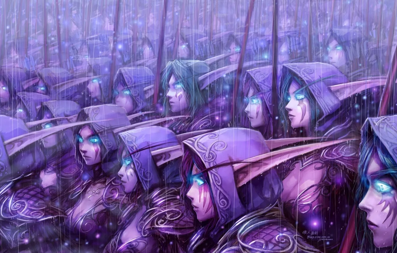 Фото обои wow, art, blue eyes, background, army, world of warcraft, blizzard entertainment, elves