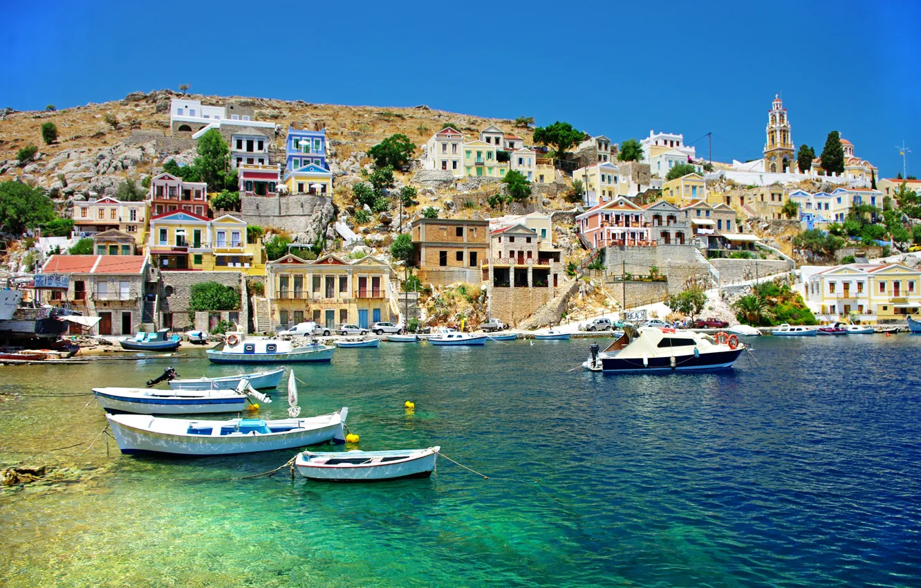 Фото обои море, побережье, дома, лодки, Греция, Greece