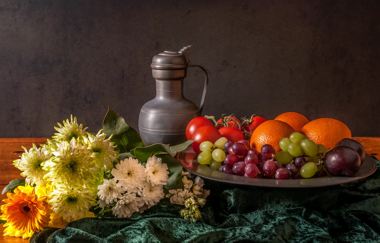 Фото обои цветы, ягоды, кувшин, фрукты, натюрморт