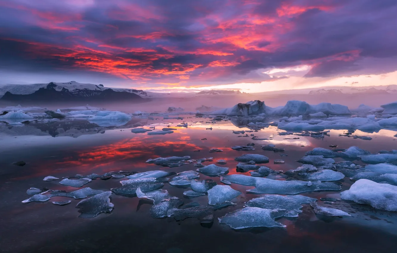 Фото обои небо, облака, природа, краски, лёд, вечер, утро, Исландия
