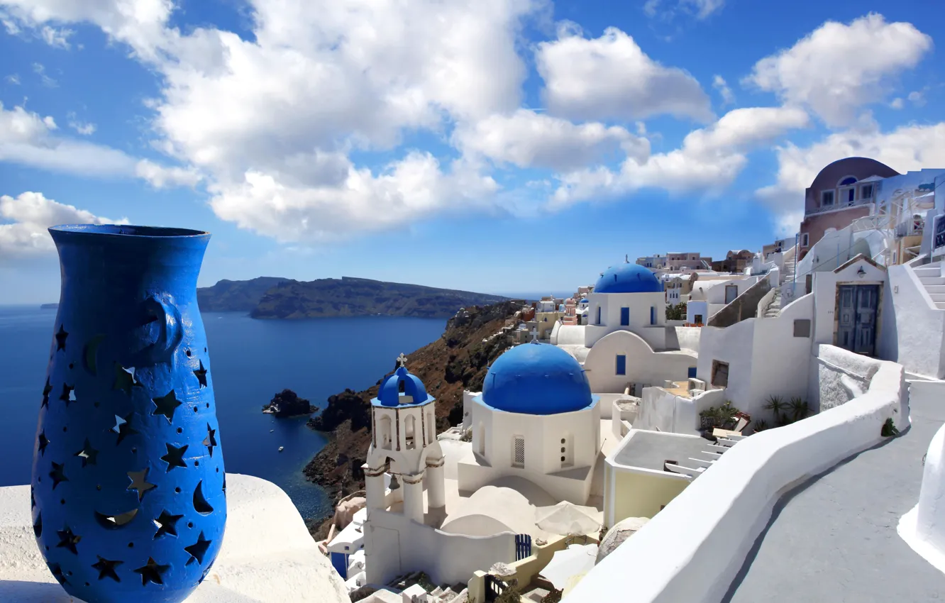 Фото обои море, пейзаж, природа, дома, Santorini, Greece